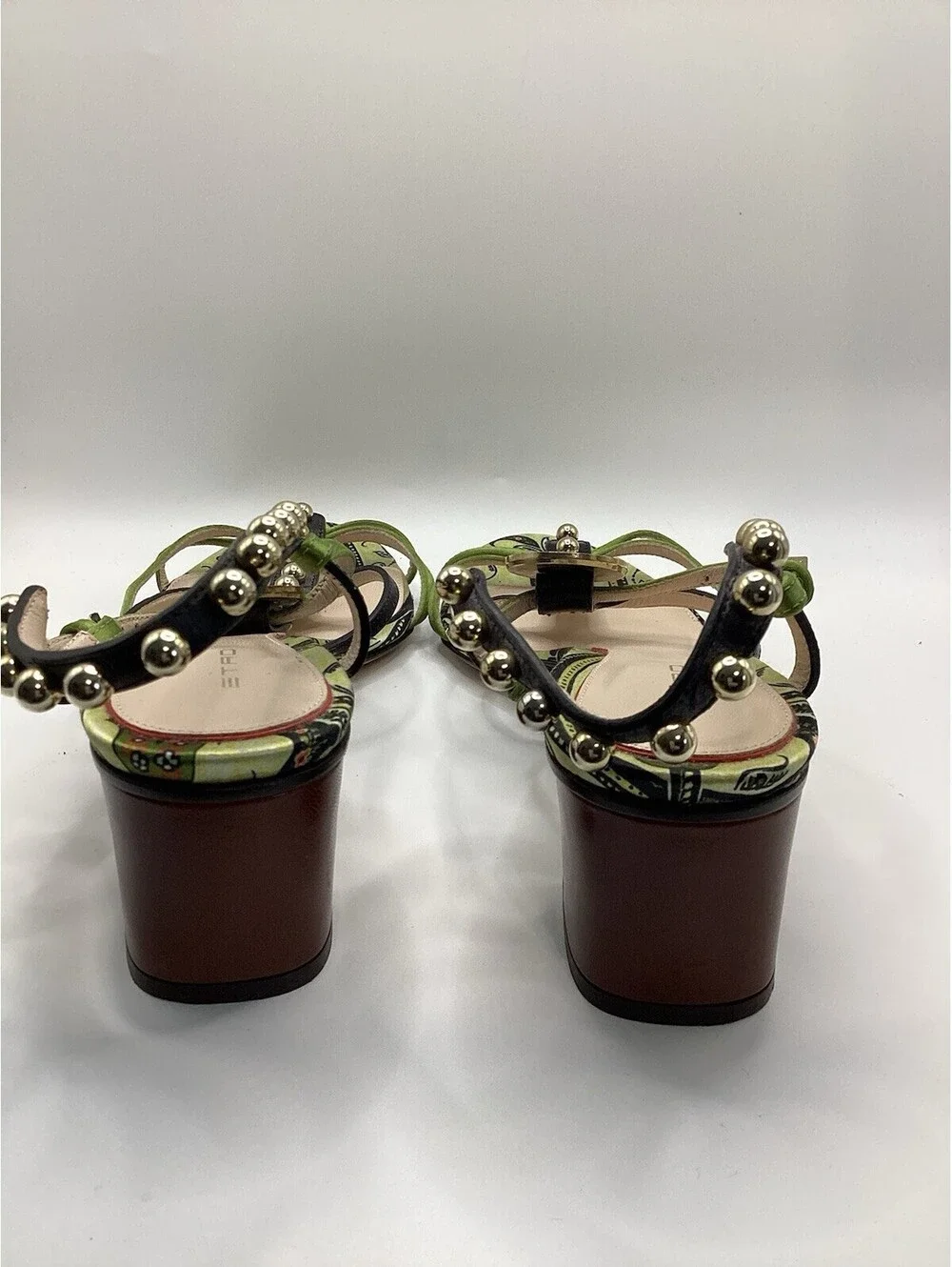 Etro Sandals Size 39 Green Black Studded Paisley Block Heel